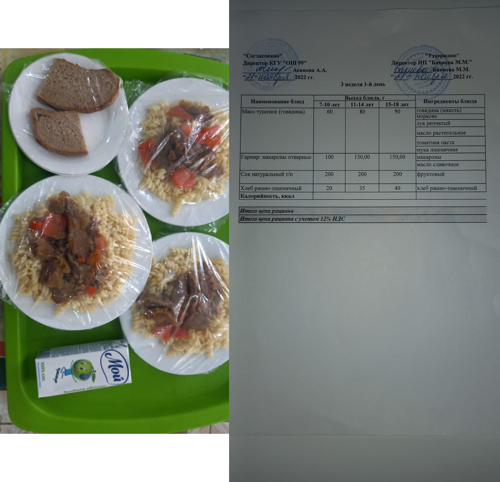 Күнделікті тегін тамақ  4 апта 1 күн 2022. Перспективалы мәзір 1