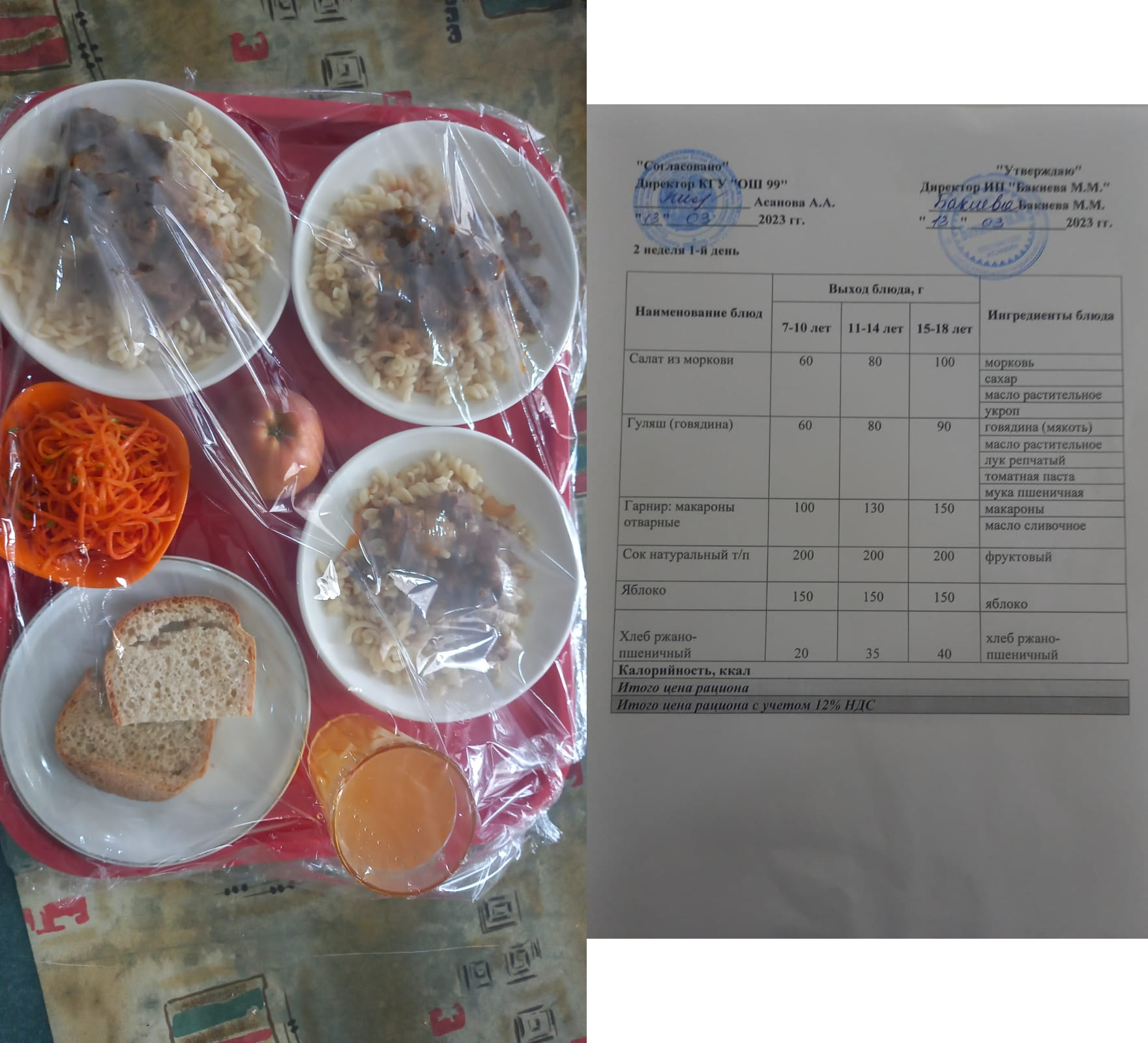 13 наурызға арналған ас мәзірі / Контрольное блюдо на 13 марта