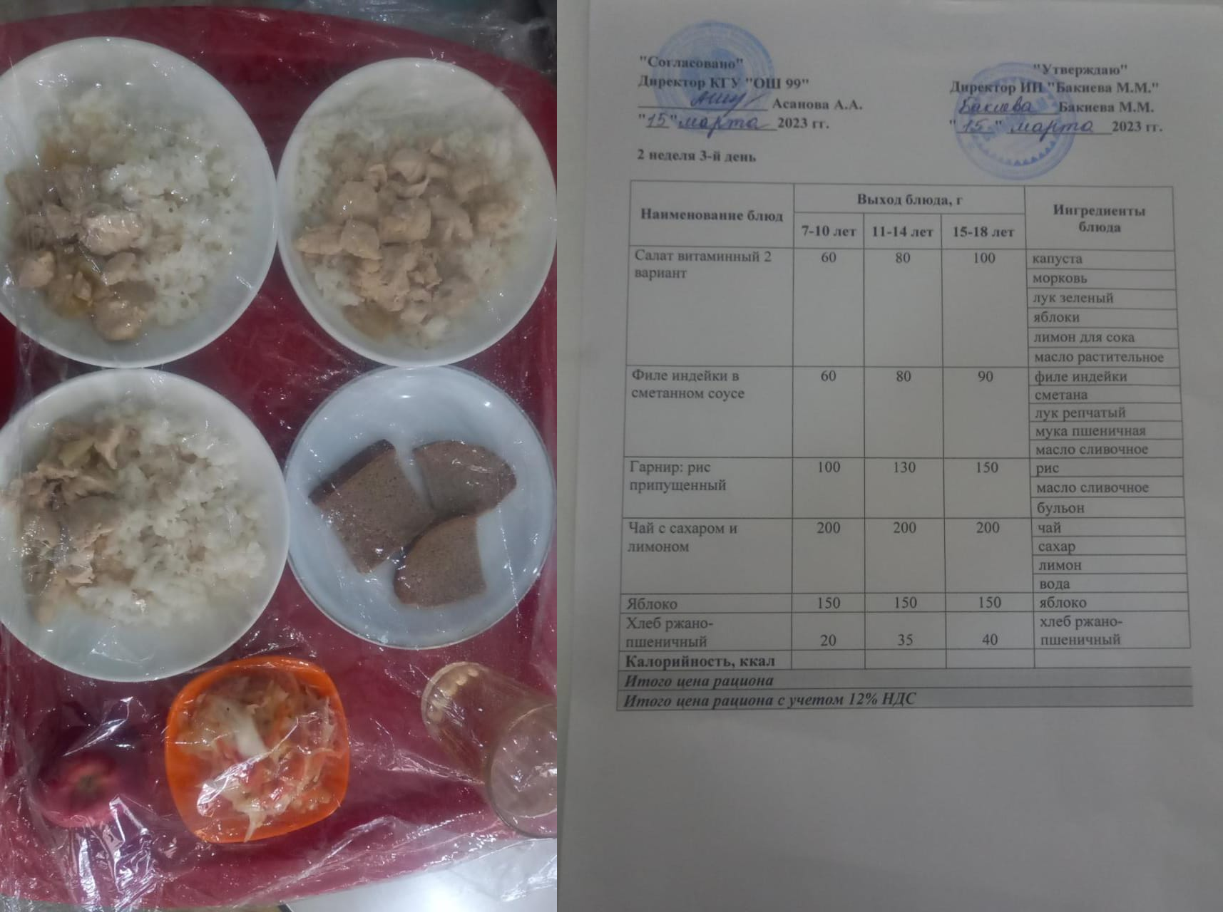 15 наурызға арналған ас мәзірі / Контрольное блюдо на 15 марта