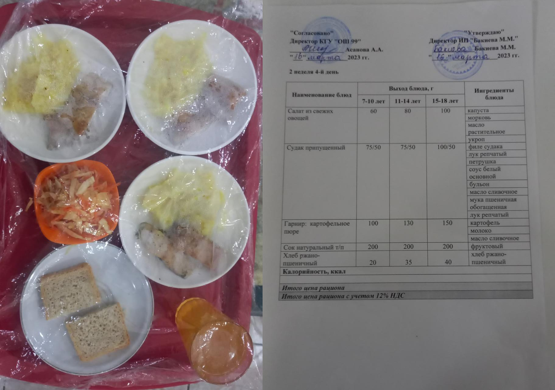 16 наурызға арналған ас мәзірі / Контрольное блюдо на 16 марта