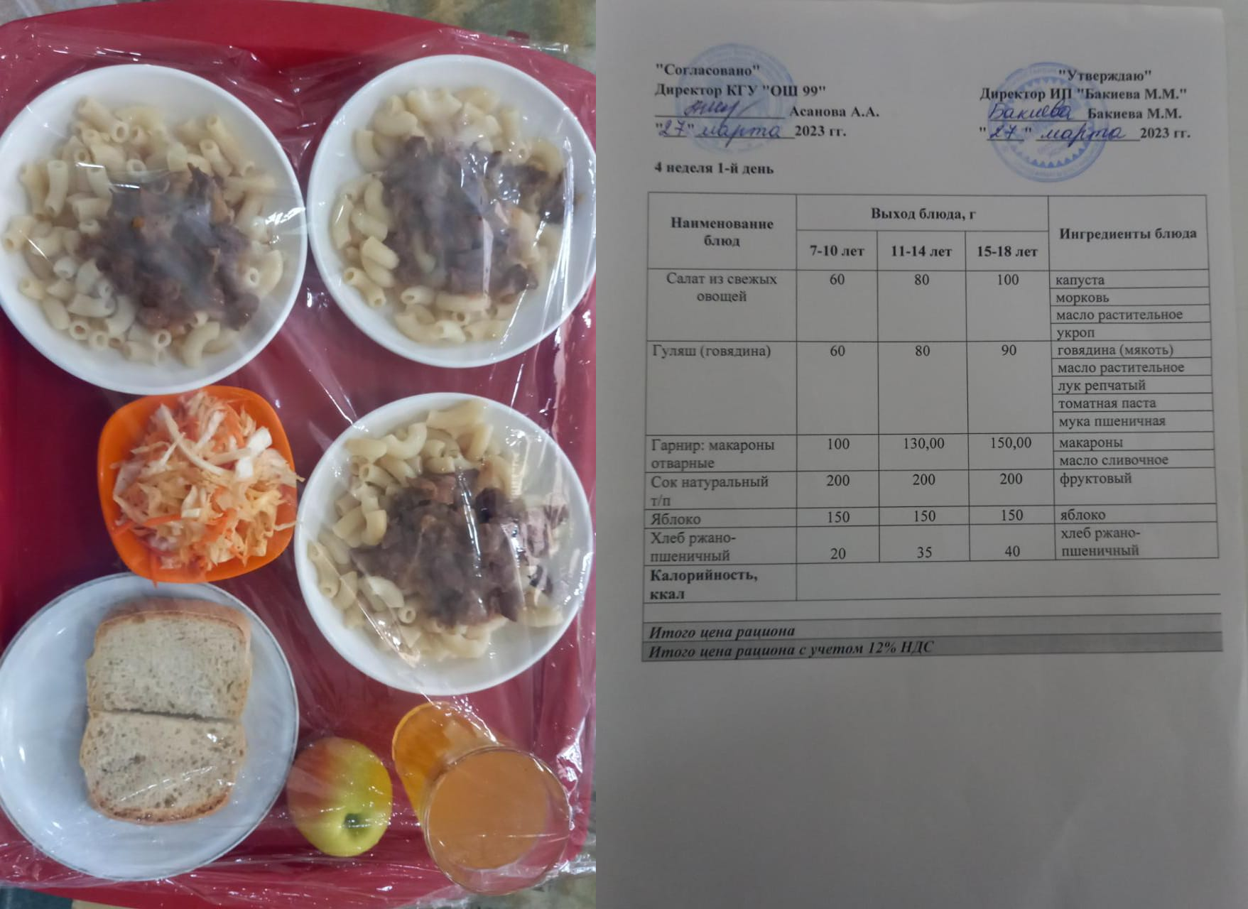 27 наурызға арналған ас мәзірі / Контрольное блюдо на 27 марта