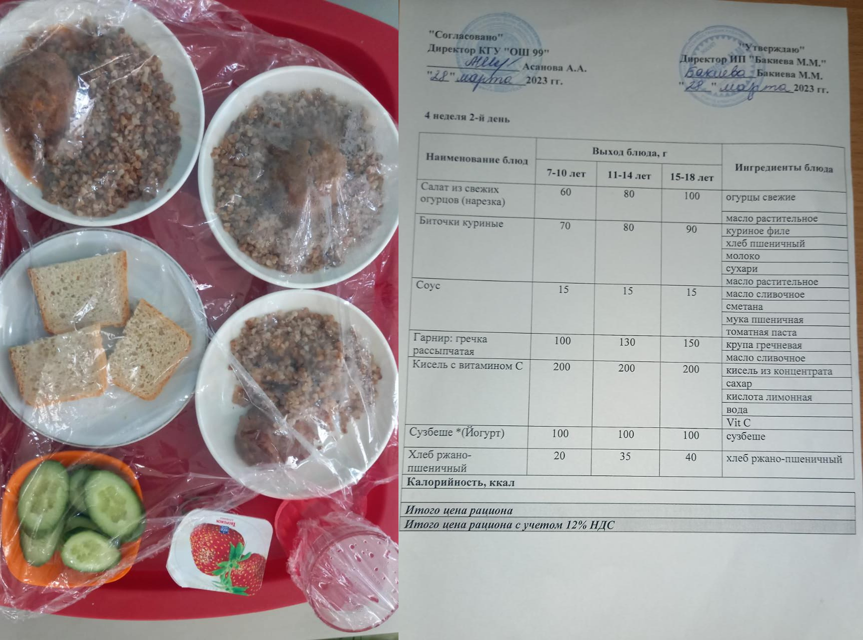 28 наурызға арналған ас мәзірі / Контрольное блюдо на 28 марта