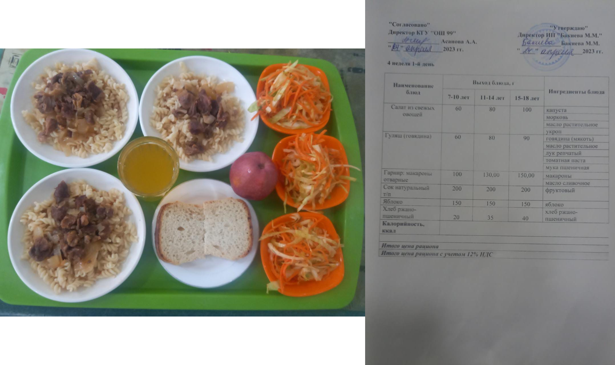 24 сәуірге арналған ас мәзірі / Контрольное блюдо на 24 апреля