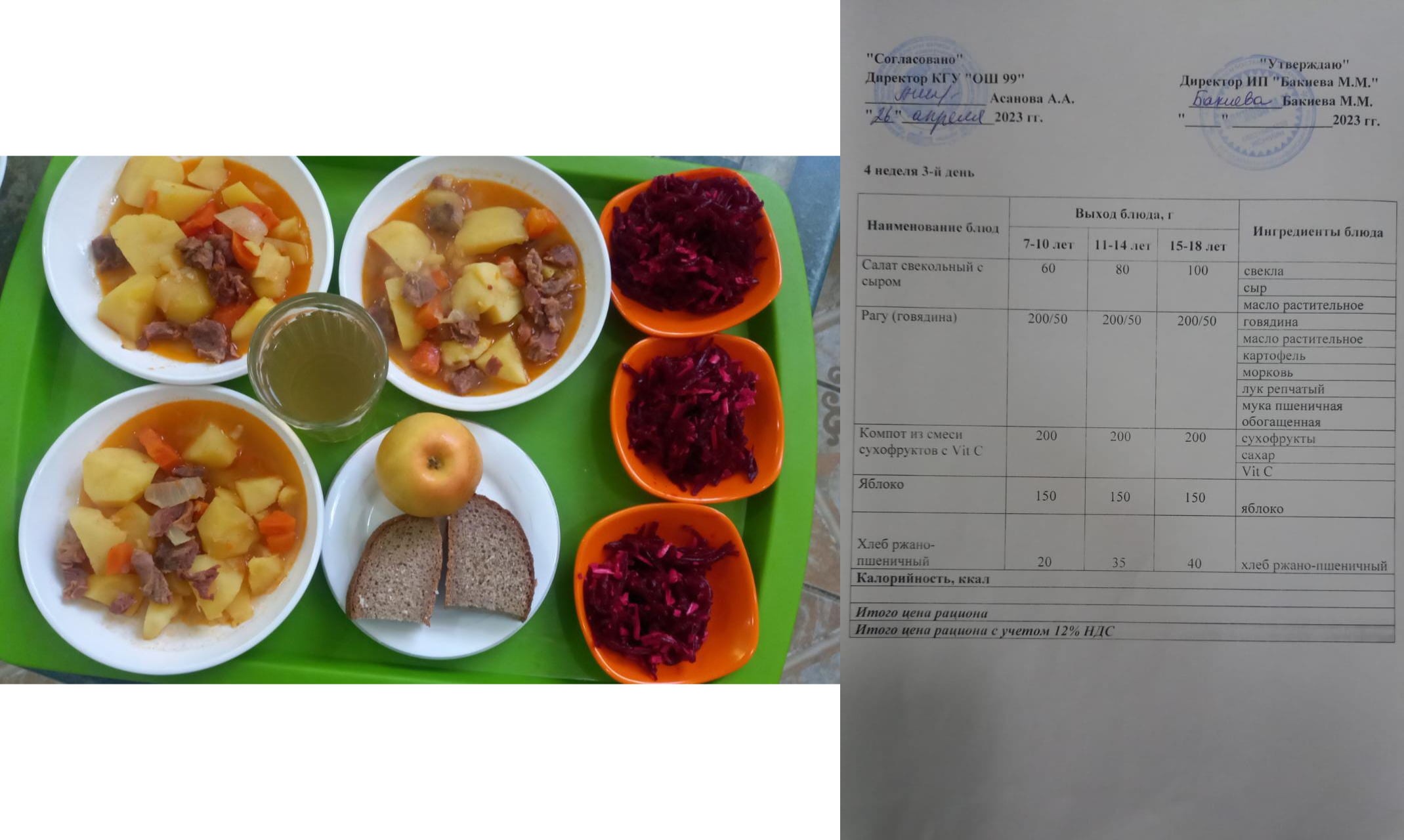 26 сәуірге арналған ас мәзірі / Контрольное блюдо на 26 апрел