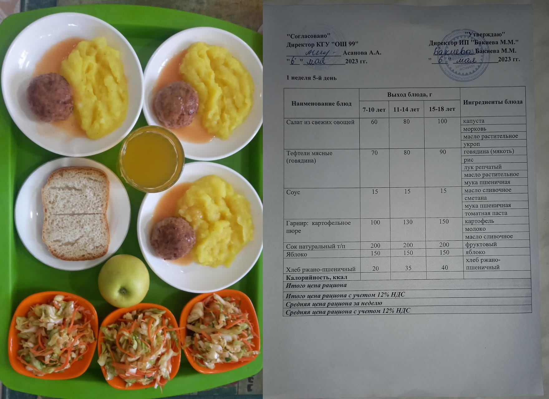 05 мамырға арналған ас мәзірі / Контрольное блюдо на 05 май