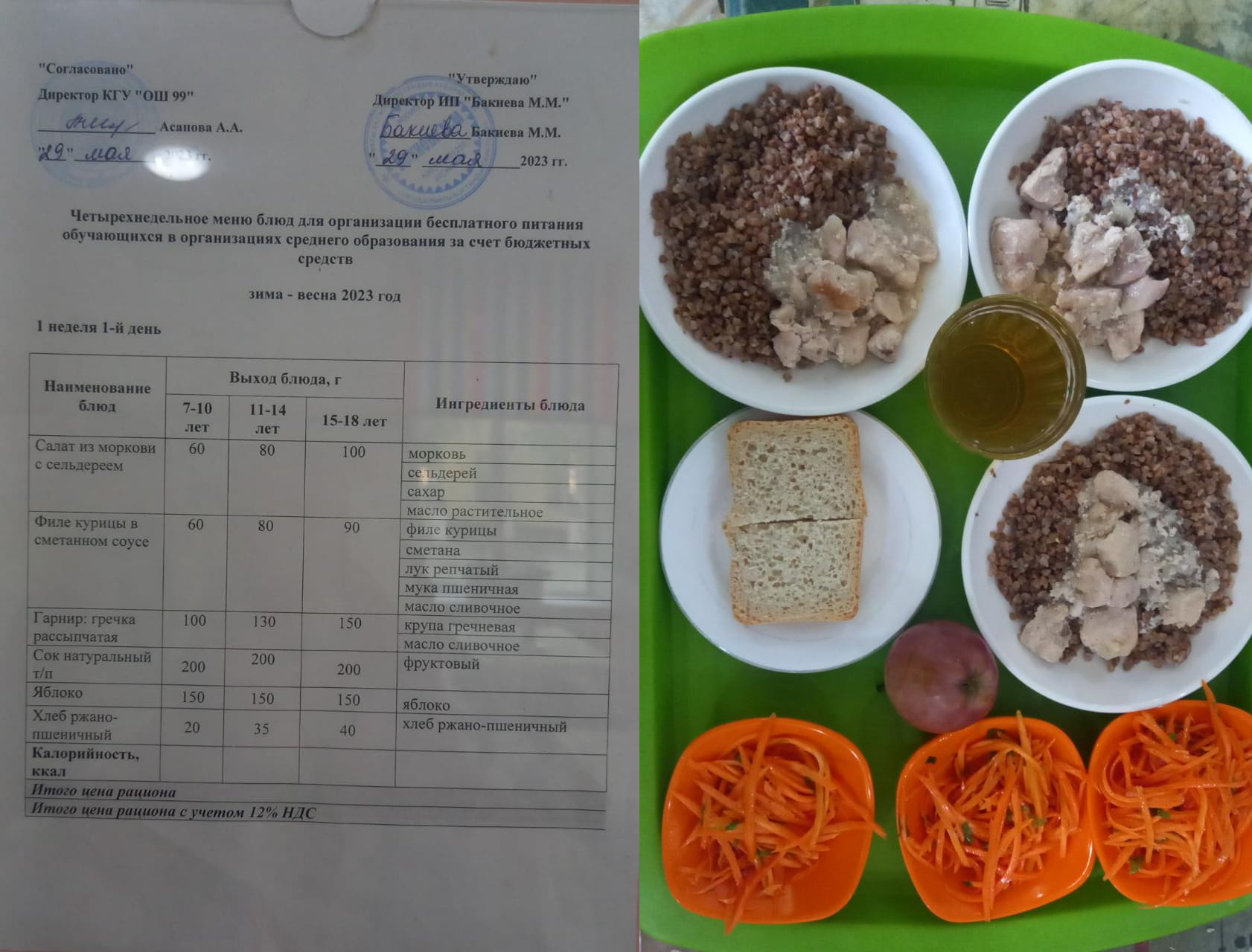 29 мамырға арналған ас мәзірі / Контрольное блюдо на 29 май
