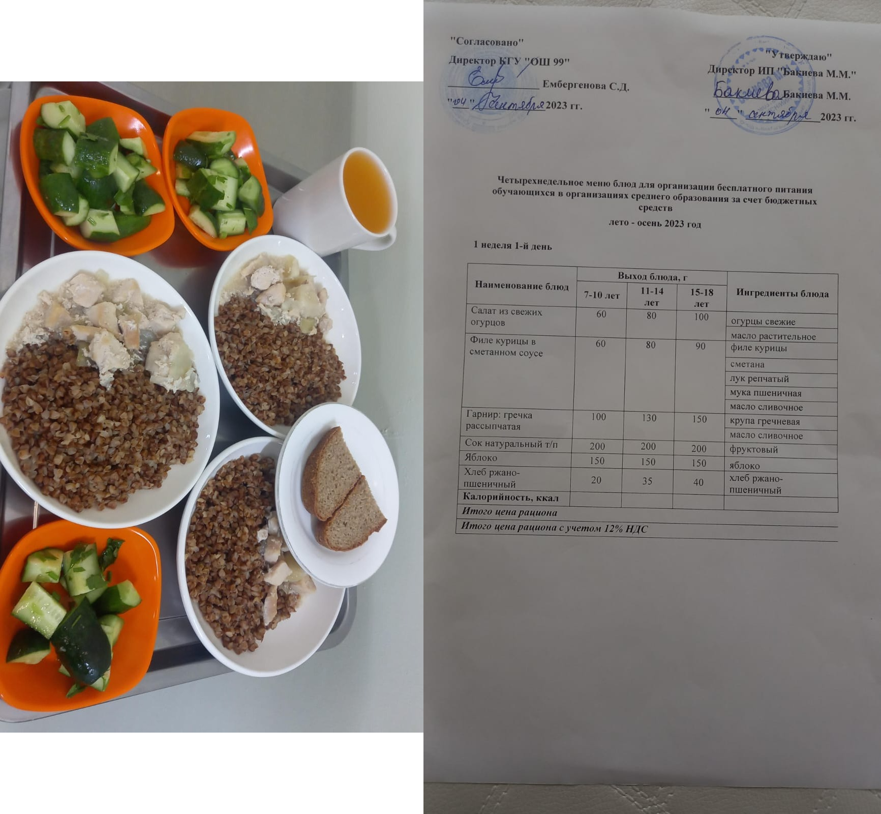 04 қыркүйекке арналған ас мәзірі / Контрольное блюдо на 04 сентября