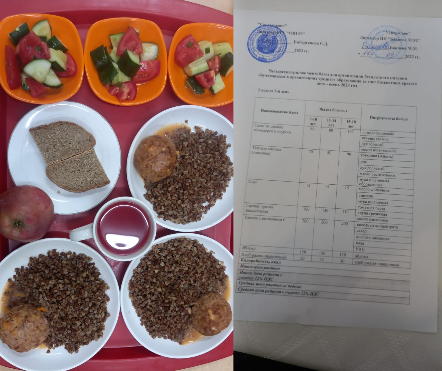 15 қыркүйекке арналған ас мәзірі / Контрольное блюдо на 15 сентября