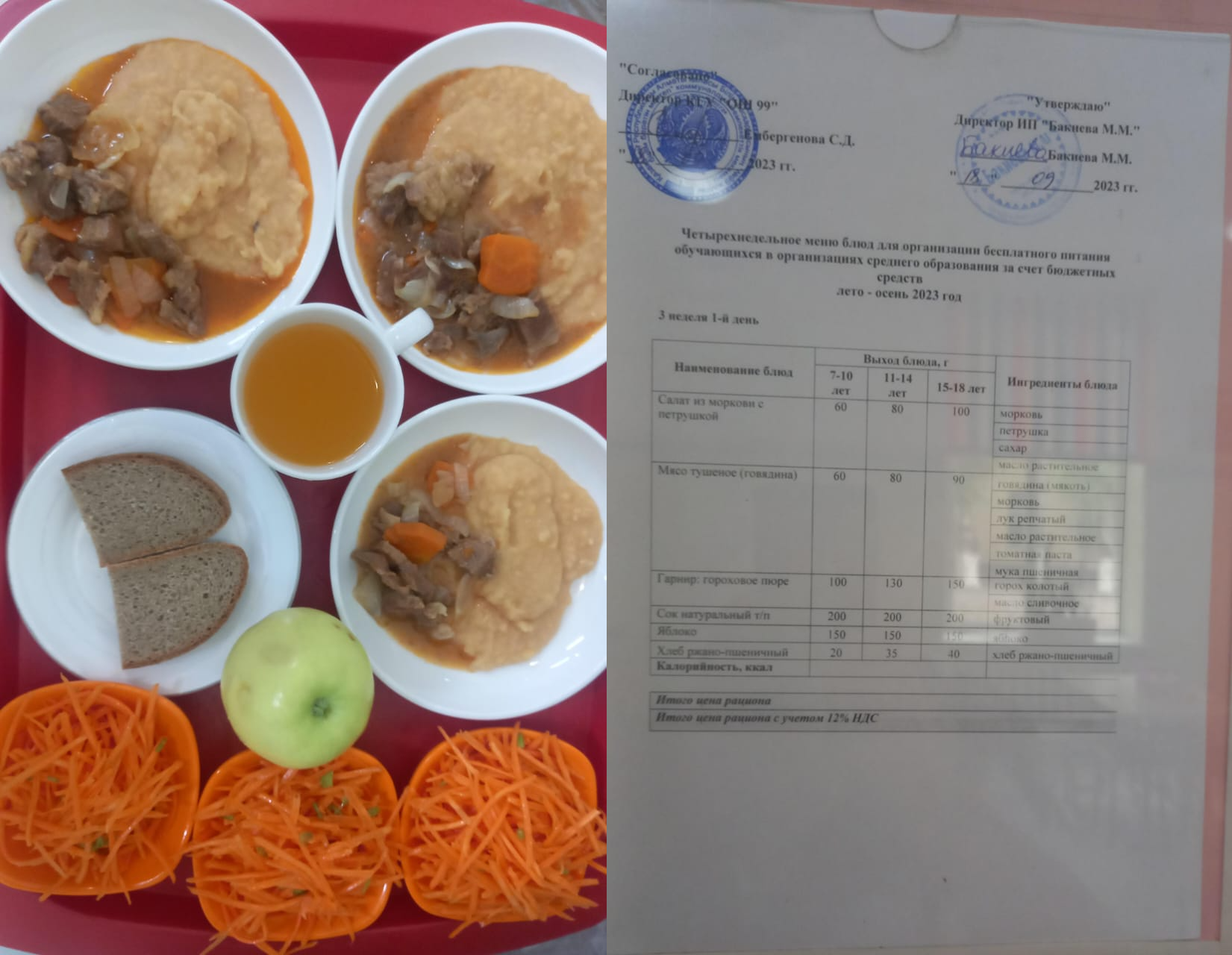 18 қыркүйекке арналған ас мәзірі / Контрольное блюдо на 18 сентября