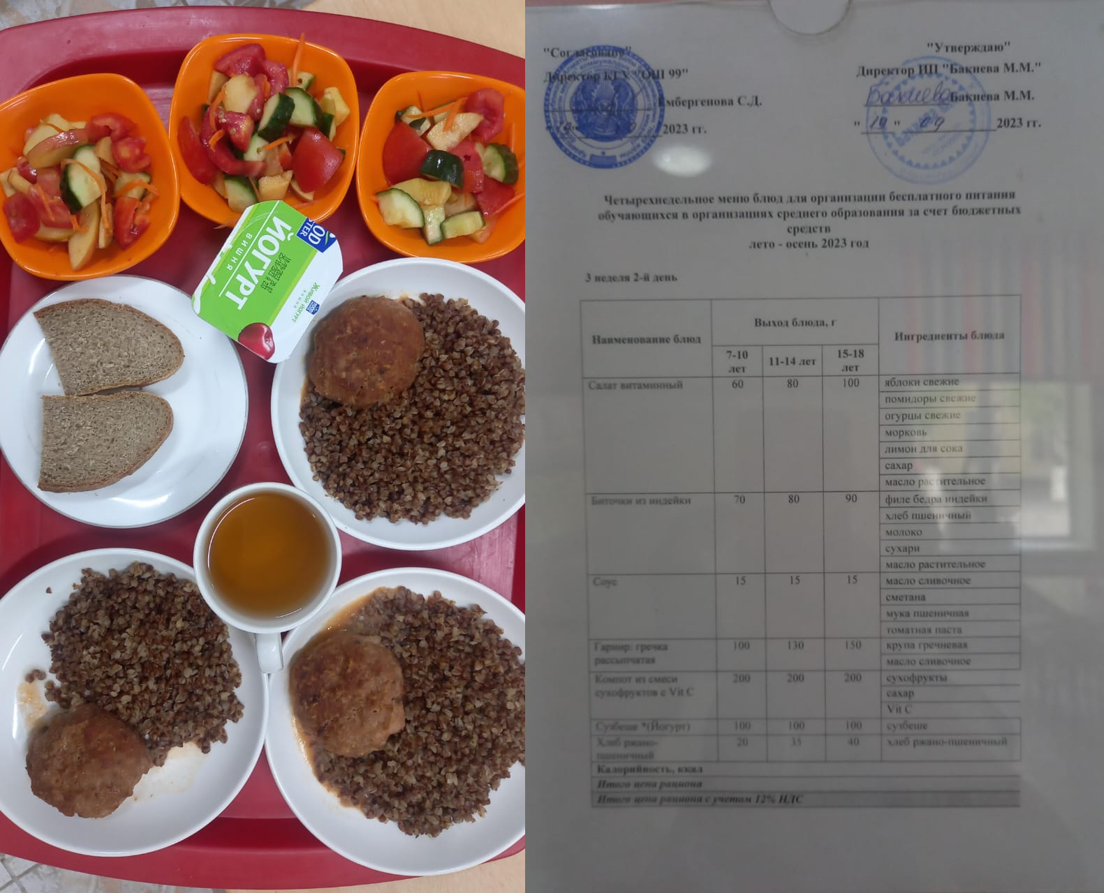 19 қыркүйекке арналған ас мәзірі / Контрольное блюдо на 19 сентября