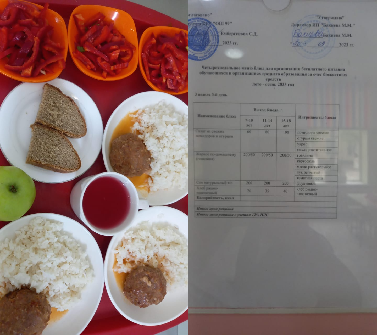 21 қыркүйекке арналған ас мәзірі / Контрольное блюдо на 21 сентября