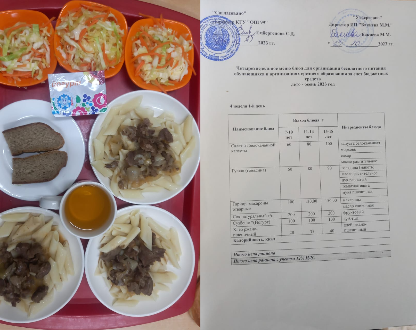 23 қазанға арналған ас мәзірі / Контрольное блюдо на 23 октября