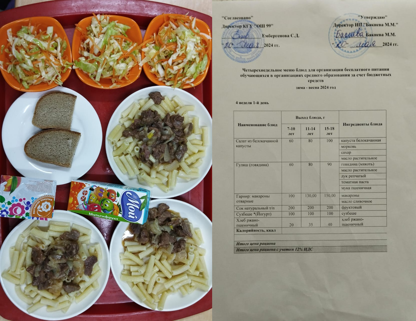 20 мамырға арналған ас мәзірі / Контрольное блюдо на 20 мая 